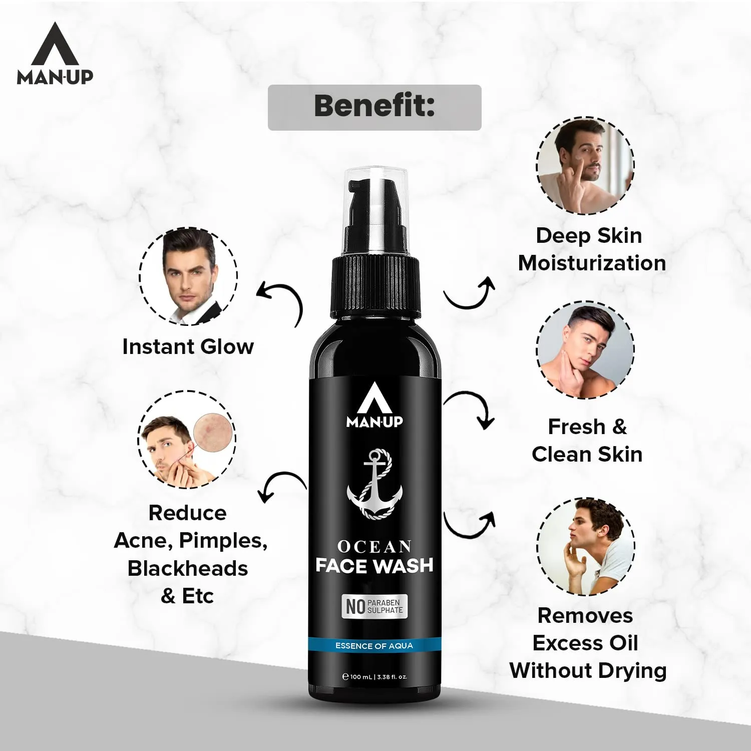 Man-Up Ocean Face Wash Essence of Aqua | For Acne, Black Heads, Pimple, Oily & Sensitive Skin | All Day Refreshing & Long-Lasting Freshness with Menthol for Men – 100ml (Pack of 4)